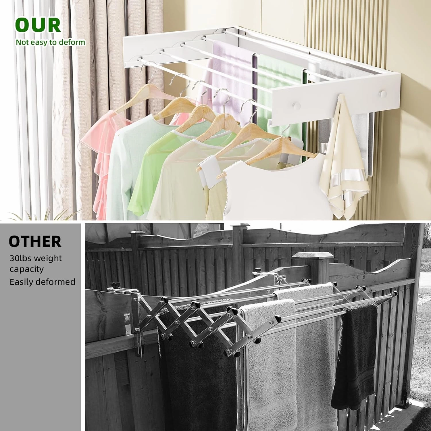 Clothes Drying Rack Wall Mounted for Laundry, Drying Rack Clothing Wall Mounted, 5 Aluminum Rods with 6 Hooks, Space-Saving Collapsible Wall Drying Rack for Indoor Outdoor (White, 31.5'')