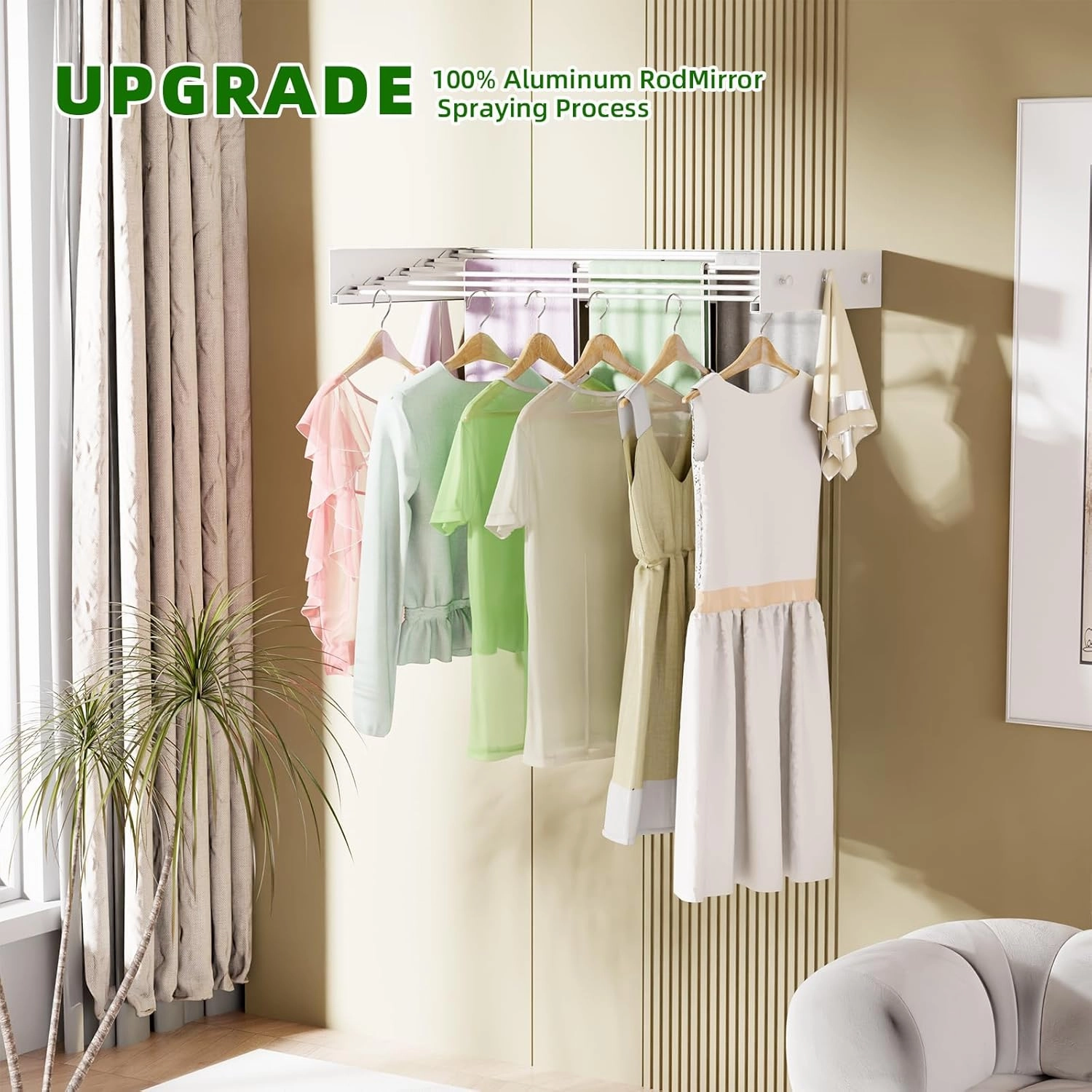 Clothes Drying Rack Wall Mounted for Laundry, Drying Rack Clothing Wall Mounted, 5 Aluminum Rods with 6 Hooks, Space-Saving Collapsible Wall Drying Rack for Indoor Outdoor (White, 31.5'')