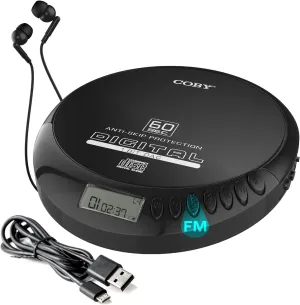 Coby Portable CD Player with Headphones, FM Radio, MP3 Compatibility, LCD Display Portable Discman, 60-Second Anti-Skip, Shockproof, Use 2 AA Batteries or Micro-USB