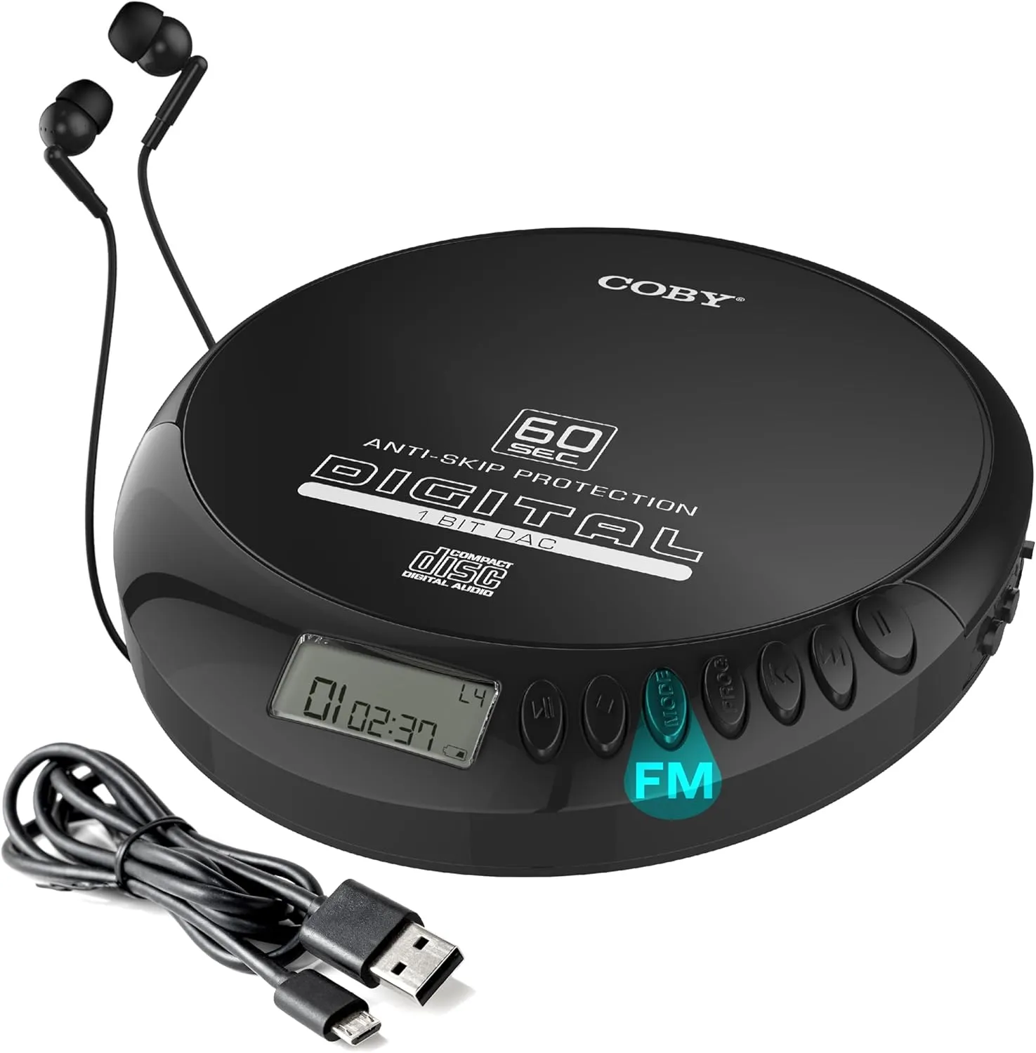 Coby Portable CD Player with Headphones, FM Radio, MP3 Compatibility, LCD Display Portable Discman, 60-Second Anti-Skip, Shockproof, Use 2 AA Batteries or Micro-USB