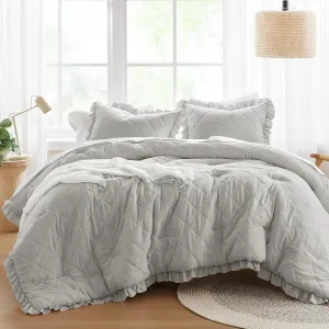 Comfort Spaces Queen Comforter Set Ruffle Shabby Chic Comforter for Queen Size Bed, Prewashed Microfiber, Fluffy, All Season Queen Bedding, Shams, Country Cottage Decor, Full/Queen, Grey 3 Piece