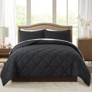 Comforter Set, 3 Pieces Queen Comforter Set with 2 Pillow Shams - Lightweight Farmhouse Creasing Technique Vintage Quilted Design, All Season Down Alternative Comforter Bedding Set, Black
