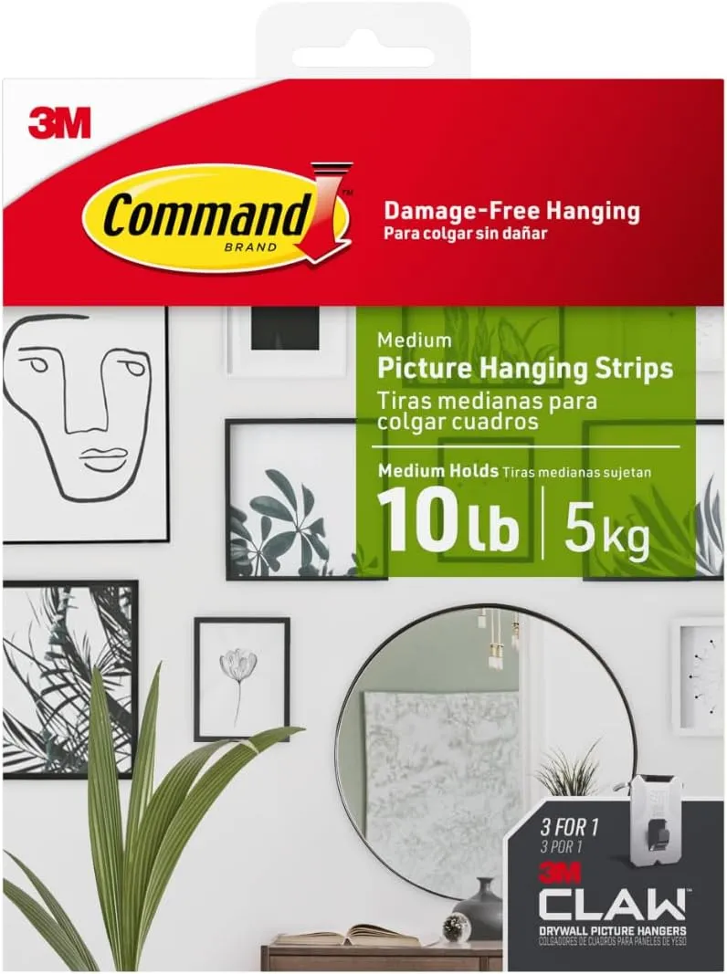 Command and 3M Claw Picture Hanging Kit, 10 lb Medium Picture Hanging Strips 8 Pairs (16 Strips) and 45, 25, & 15 lb 3M Claw Picture Hangers, Hanging Picture Frames for Home Decor and Room Decor