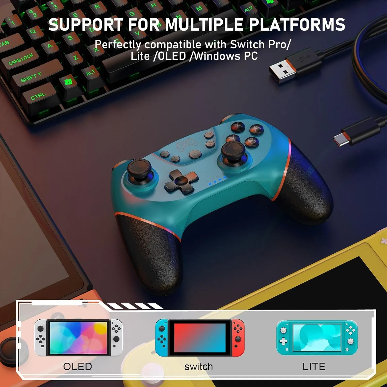 Controller for Switch, Wireless Pro Controller for Switch/Switch Lite/Switch OLED, Remote Gamepad with Joystick, Adjustable Turbo Vibration with Programmable Function - Blue