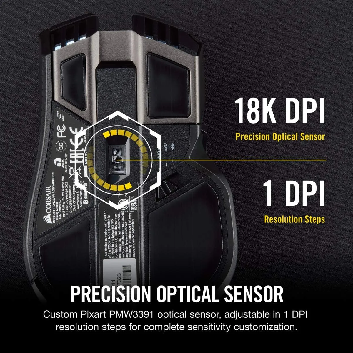 CORSAIR IRONCLAW WIRELESS RGB Rechargeable Gaming Mouse with Slipstream Technology - 18,000 DPI - 3-Zone RGB Multi-Color Backlighting - Black