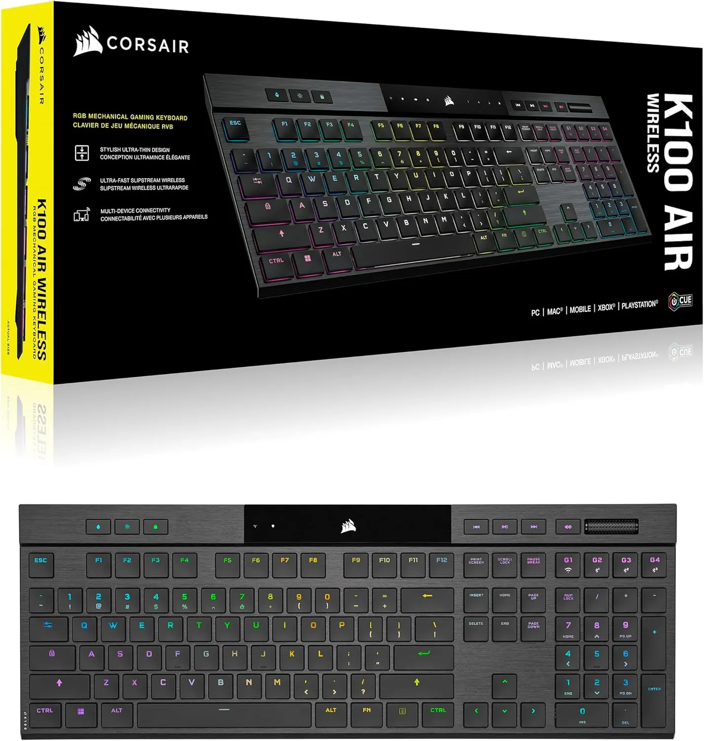 Corsair K100 AIR Wireless RGB Mechanical Gaming Keyboard - Ultra-Thin, Sub-1ms Slipstream , Low-Latency Bluetooth, Cherry MX Ultra Low Profile Keyswitches - NA Layout, QWERTY - Black
