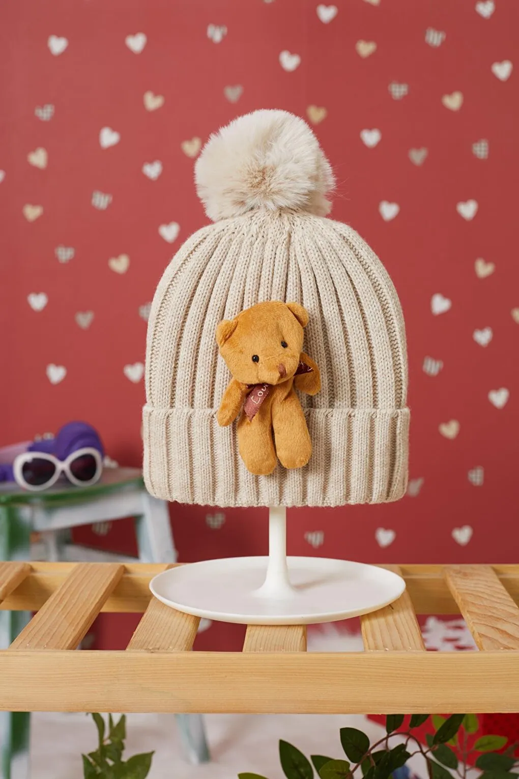 Cream Teddy Bear Detailed Pompom Children's Beanie 17221