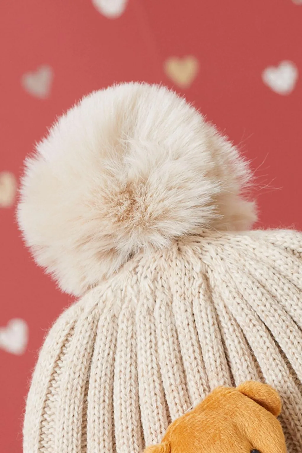 Cream Teddy Bear Detailed Pompom Children's Beanie 17221