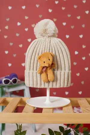 Cream Teddy Bear Detailed Pompom Children's Beanie 17221