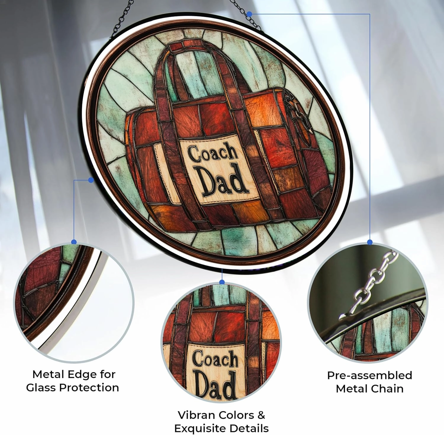 Customized Boho Fathers Day Coach Dad Duffel Bag Stained Glass Window Hanging, Suncatcher for Women, Stained Glass Window Decor Perfect Home Décor