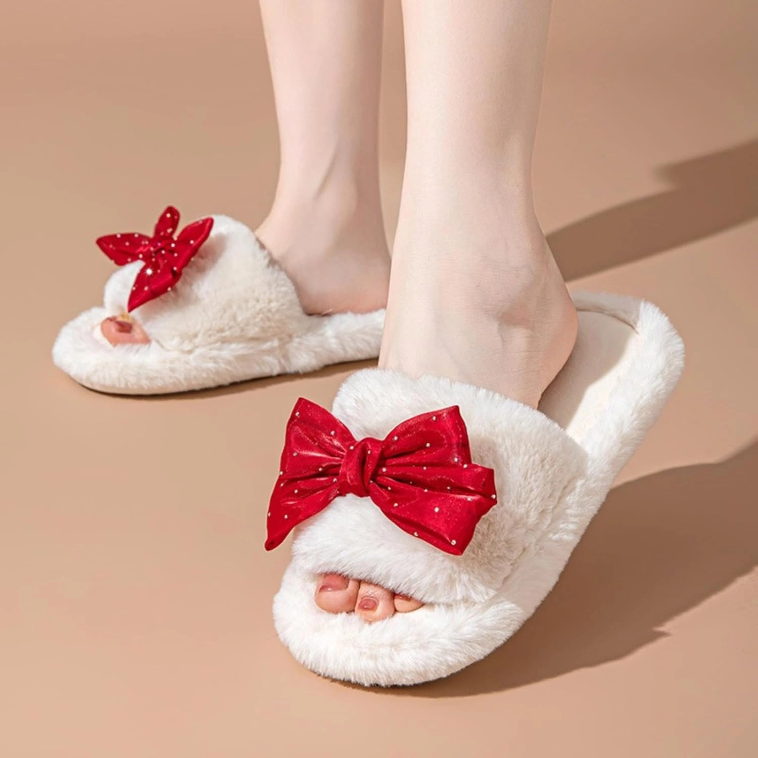 Cute Bow House Women's Slippers - Open Toe Warm Plush Fluffly Non-Slip Sole Indoor