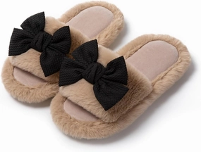 Cute Bow House Women's Slippers - Open Toe Warm Plush Fluffly Non-Slip Sole Indoor