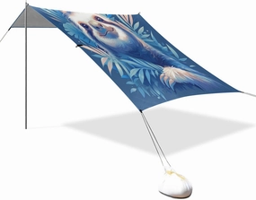 Cute Sloth Dark Blue Foldable Beach Canopy UPF50  Water-Resistant Large Sun Shade with Sandbags & Sand Shovel for Family Travel