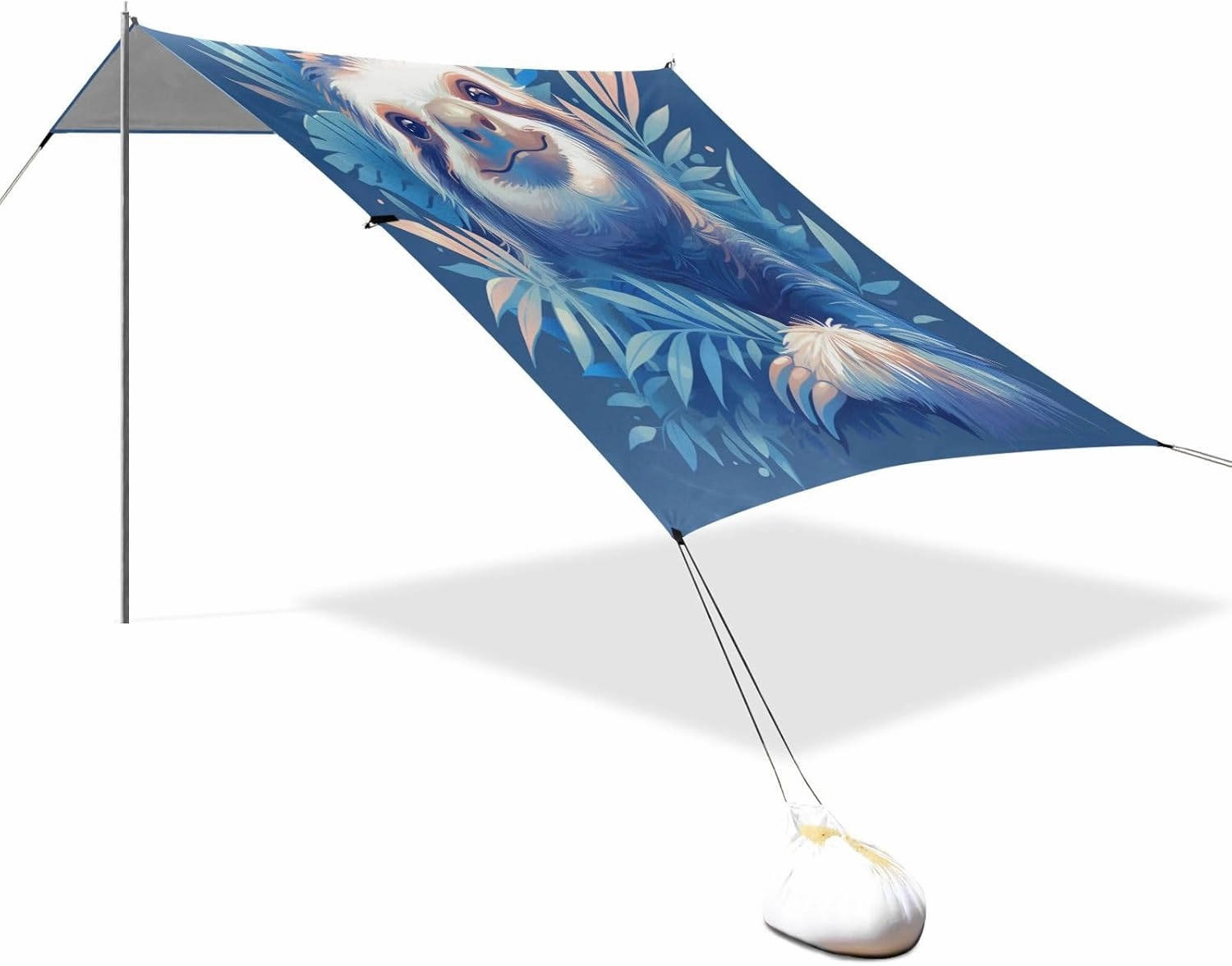 Cute Sloth Dark Blue Foldable Beach Canopy UPF50  Water-Resistant Large Sun Shade with Sandbags & Sand Shovel for Family Travel