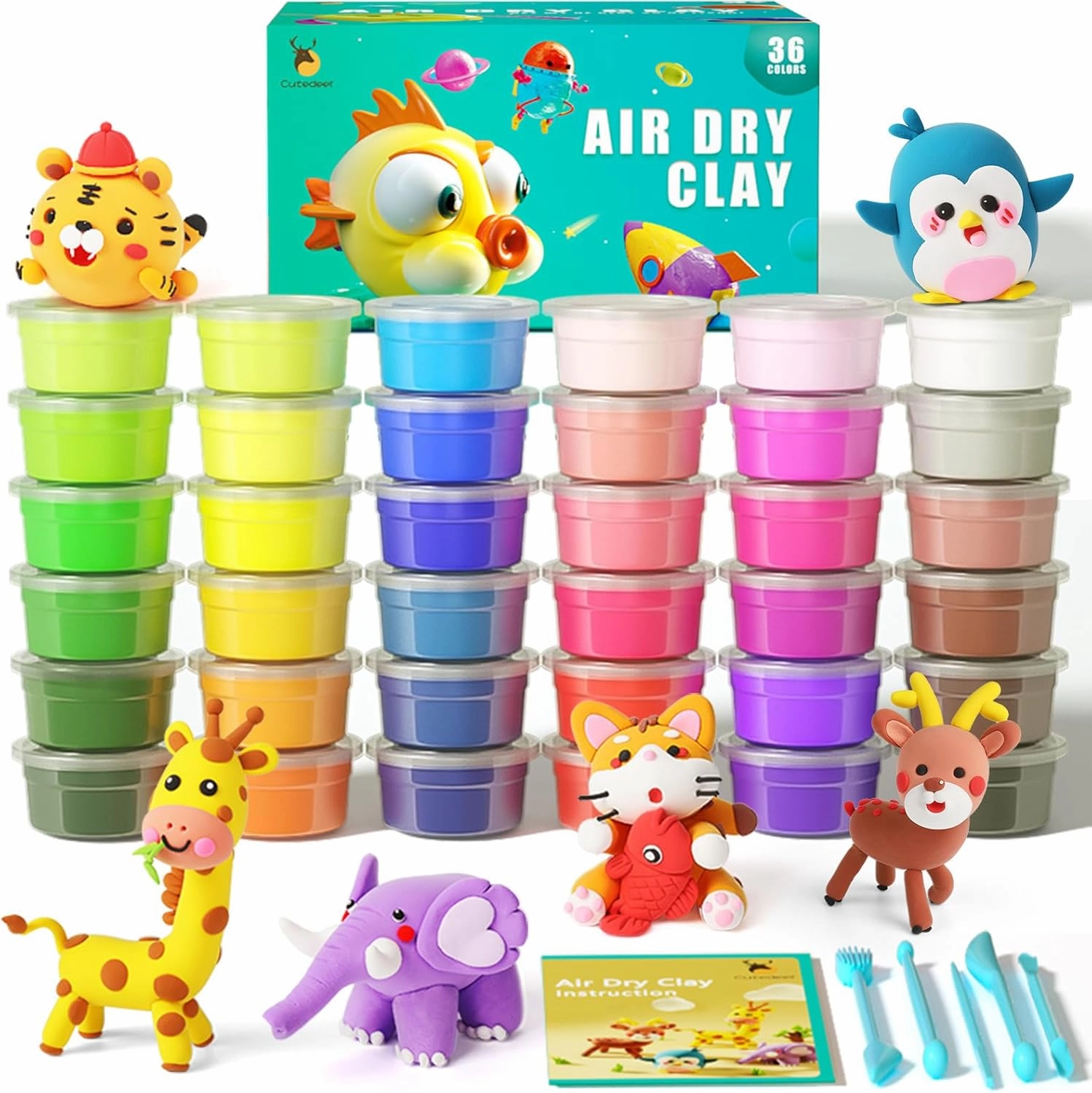 Cutedeer Air Dry Clay Kit, 36 Colors Modeling Clay for Kids, Soft Squishy Molding with Sculpting Tools and Tutorials, Arts Crafts Gift for Boys Girls