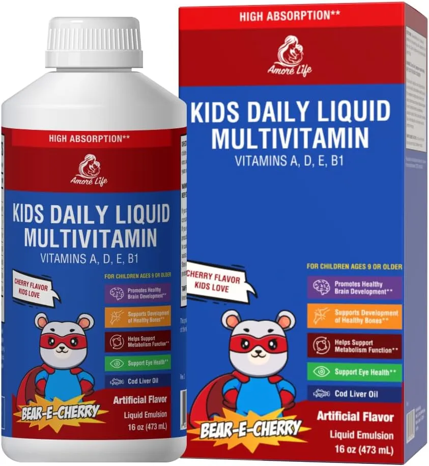 Daily Liquid Multivitamin for Kids, High Absorption with Vitamins A, D, E, B1 and Cod Liver Oil, Vitamin Supplements for Kids, Family Friendly, 16oz, Cherry Flavor