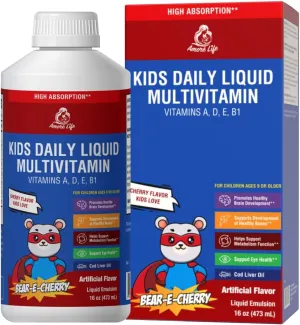 Daily Liquid Multivitamin for Kids, High Absorption with Vitamins A, D, E, B1 and Cod Liver Oil, Vitamin Supplements for Kids, Family Friendly, 16oz, Cherry Flavor