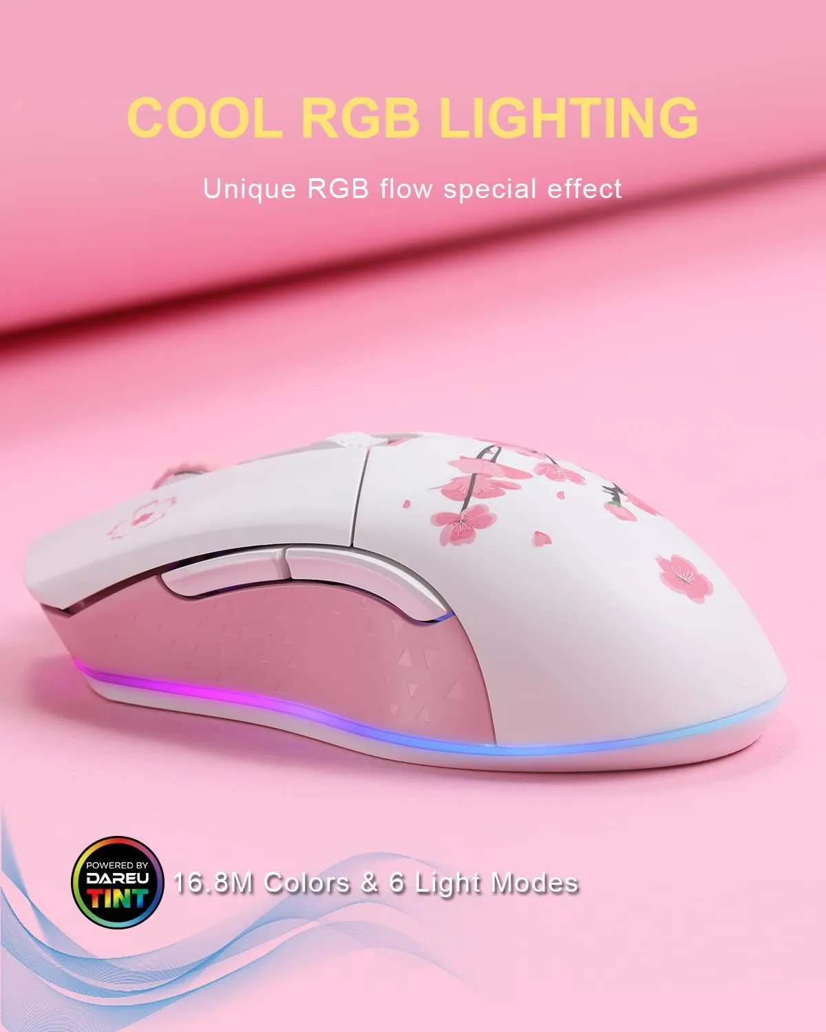 DAREU Sakura Pink Wireless Wired Gaming Mouse, Dual-Mode Rechargeable 7 Programmable Buttons,10K DPI,RGB and 7 Adjustable DPI Levels up to [150IPS] [1000Hz Polling Rate] for PC Notebook Mac