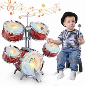 deAO Kids Drum Set Upgraded Kids Jazz Drum Set with 5 High Drums & Lights, Vibrating-Controlled, Drum Kit Musical Instruments Toys for Toddlers 3-5 Birthday(Red)