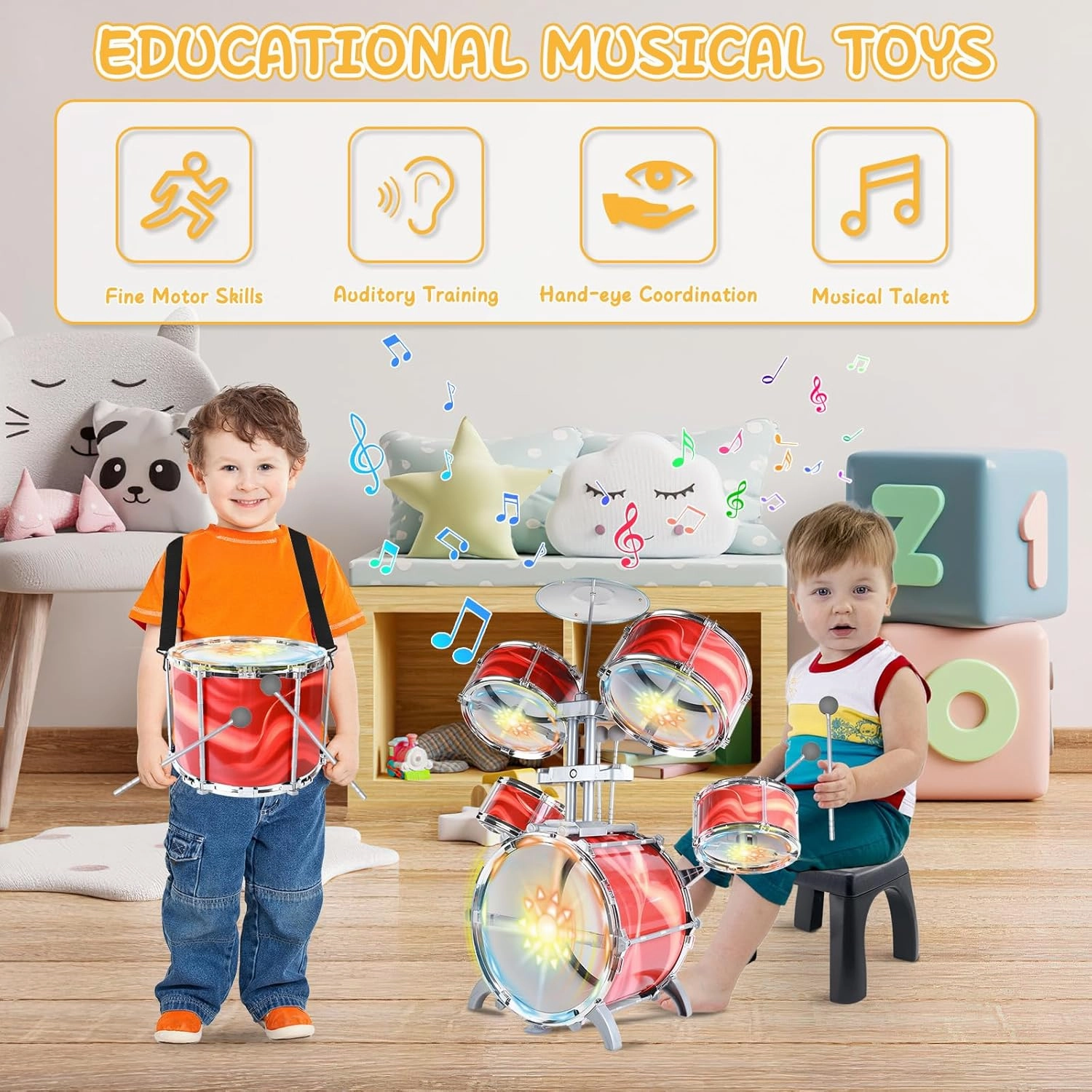 deAO Kids Drum Set Upgraded Kids Jazz Drum Set with 5 High Drums & Lights, Vibrating-Controlled, Drum Kit Musical Instruments Toys for Toddlers 3-5 Birthday(Red)