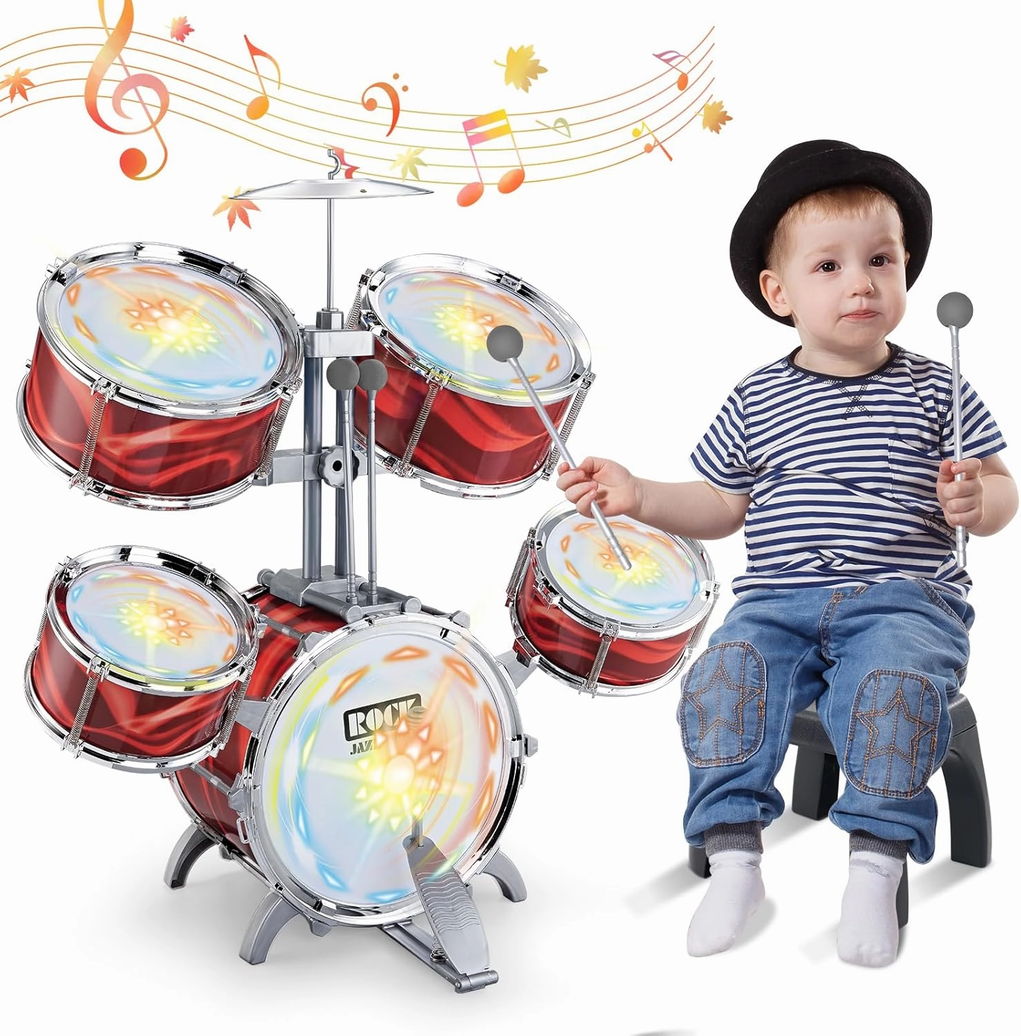 deAO Kids Drum Set Upgraded Kids Jazz Drum Set with 5 High Drums & Lights, Vibrating-Controlled, Drum Kit Musical Instruments Toys for Toddlers 3-5 Birthday(Red)