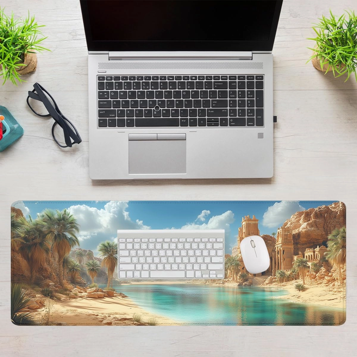 Desert Oasis Mouse Pad, Palm Trees Lake Natural Landscape Mousepad Extended Large Laptop Keyboard Non-Slip Rubber Base with Stitched Edges for Home 31.5 x 11.8 inch