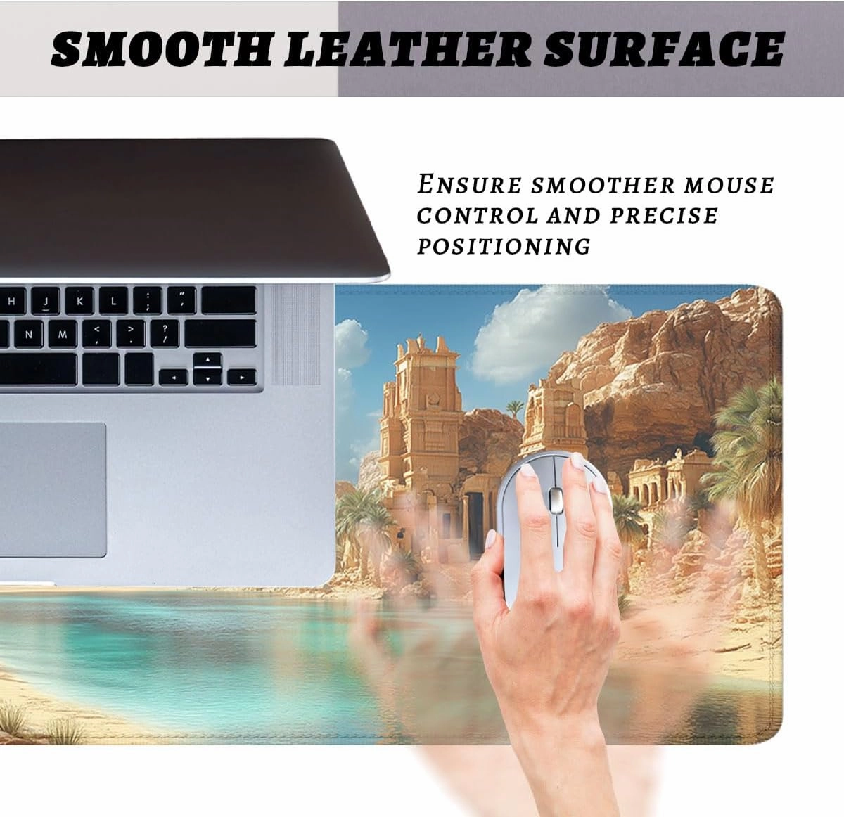 Desert Oasis Mouse Pad, Palm Trees Lake Natural Landscape Mousepad Extended Large Laptop Keyboard Non-Slip Rubber Base with Stitched Edges for Home 31.5 x 11.8 inch