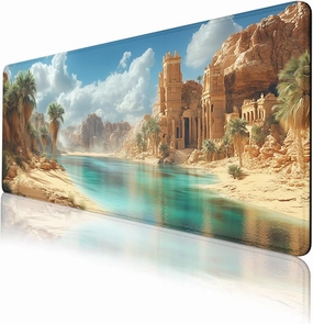 Desert Oasis Mouse Pad, Palm Trees Lake Natural Landscape Mousepad Extended Large Laptop Keyboard Non-Slip Rubber Base with Stitched Edges for Home 31.5 x 11.8 inch