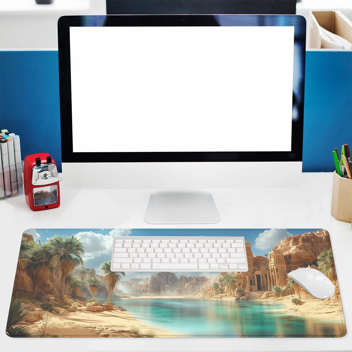 Desert Oasis Mouse Pad, Palm Trees Lake Natural Landscape Mousepad Extended Large Laptop Keyboard Non-Slip Rubber Base with Stitched Edges for Home 31.5 x 11.8 inch