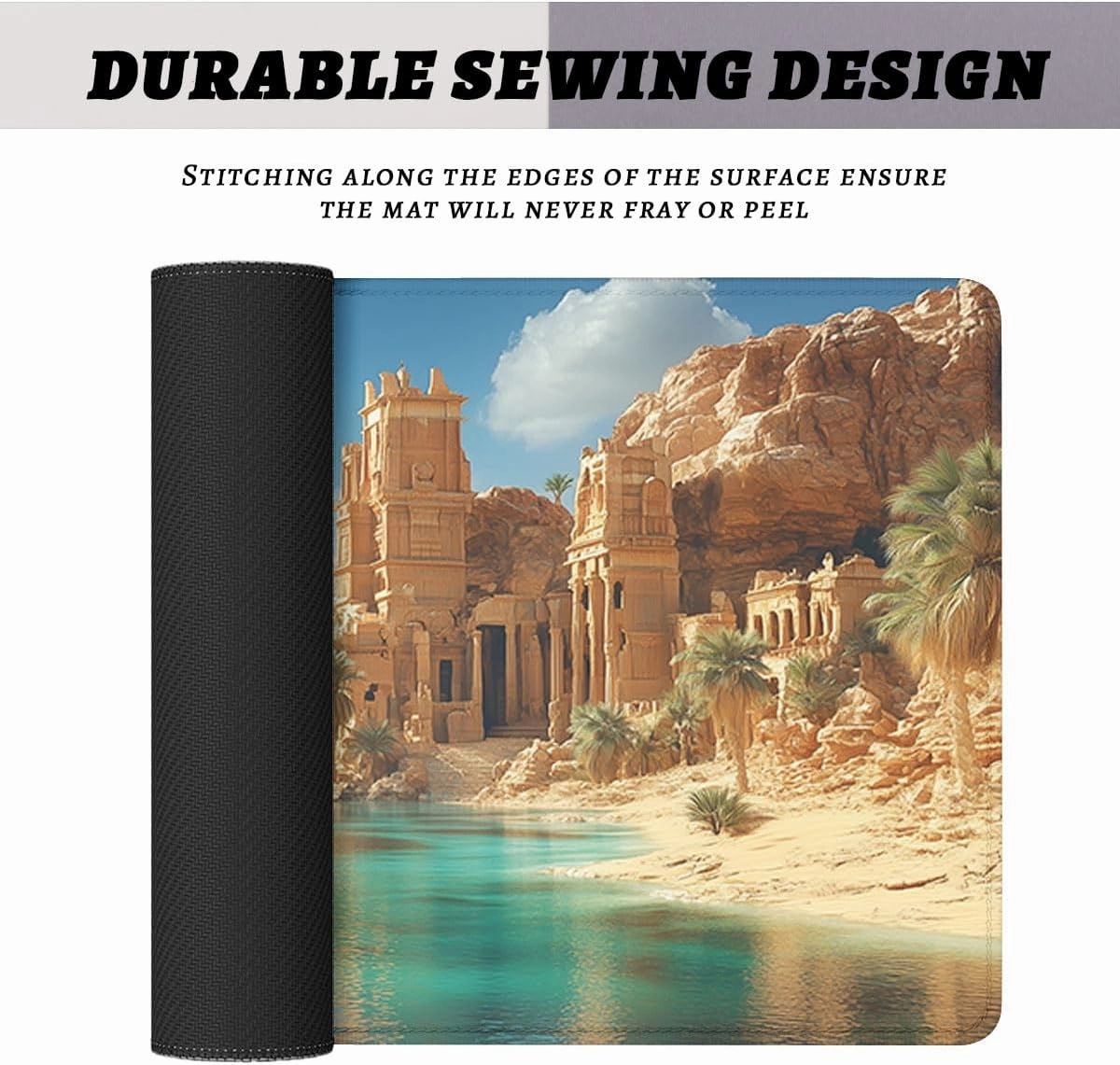 Desert Oasis Mouse Pad, Palm Trees Lake Natural Landscape Mousepad Extended Large Laptop Keyboard Non-Slip Rubber Base with Stitched Edges for Home 31.5 x 11.8 inch