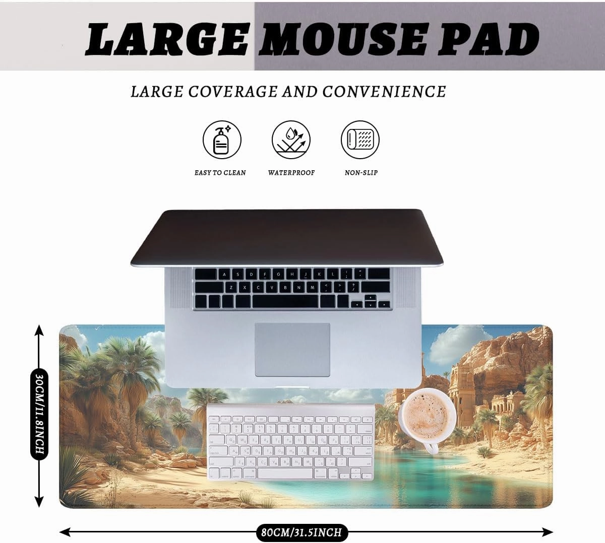Desert Oasis Mouse Pad, Palm Trees Lake Natural Landscape Mousepad Extended Large Laptop Keyboard Non-Slip Rubber Base with Stitched Edges for Home 31.5 x 11.8 inch