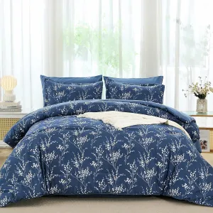 DJY Navy Comforter Set Queen, 7 Piece Navy Blue Bed in a Bag Bedding Sets Queen Size Botanical Branch Print Comforter with Sheets Soft Lightweight Complete Bedding Sets for All Seasons