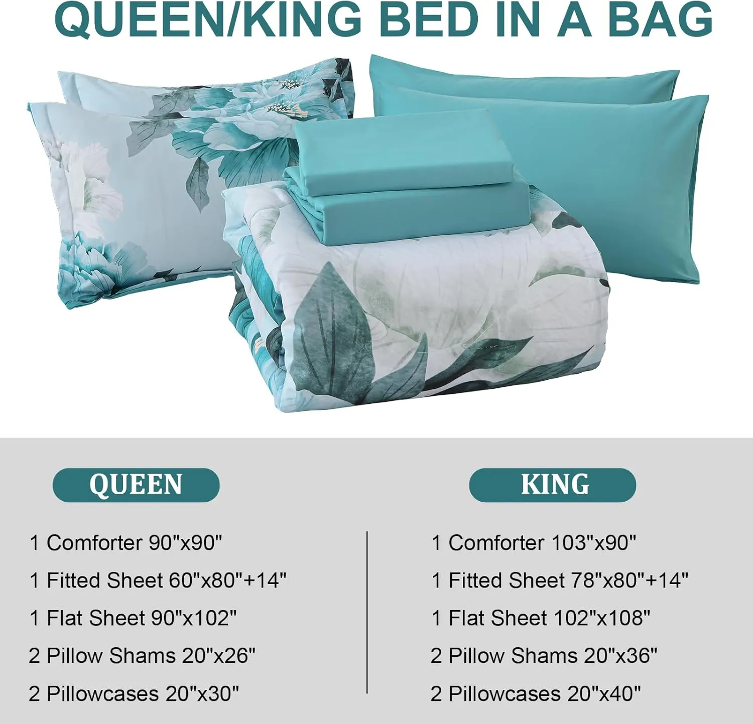 Dobuyly Floral Comforter Set Queen Size 7 Piece Bed in a Bag, Aqua Flowers Printed on Light Blue Comforter Set with Sheets, Soft Microfiber Botanical Complete Bedding Set for All Season