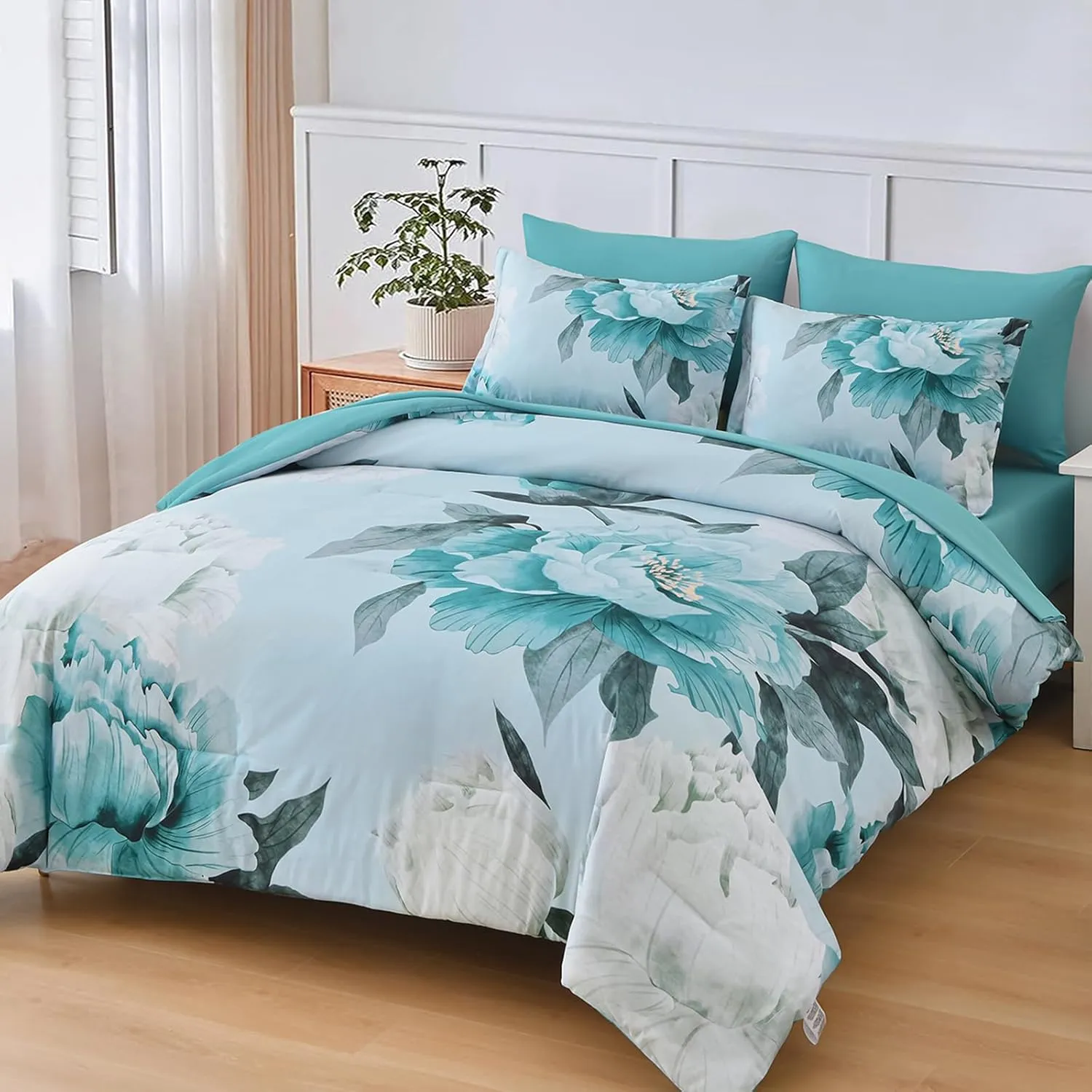 Dobuyly Floral Comforter Set Queen Size 7 Piece Bed in a Bag, Aqua Flowers Printed on Light Blue Comforter Set with Sheets, Soft Microfiber Botanical Complete Bedding Set for All Season