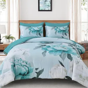 Dobuyly Floral Comforter Set Queen Size 7 Piece Bed in a Bag, Aqua Flowers Printed on Light Blue Comforter Set with Sheets, Soft Microfiber Botanical Complete Bedding Set for All Season