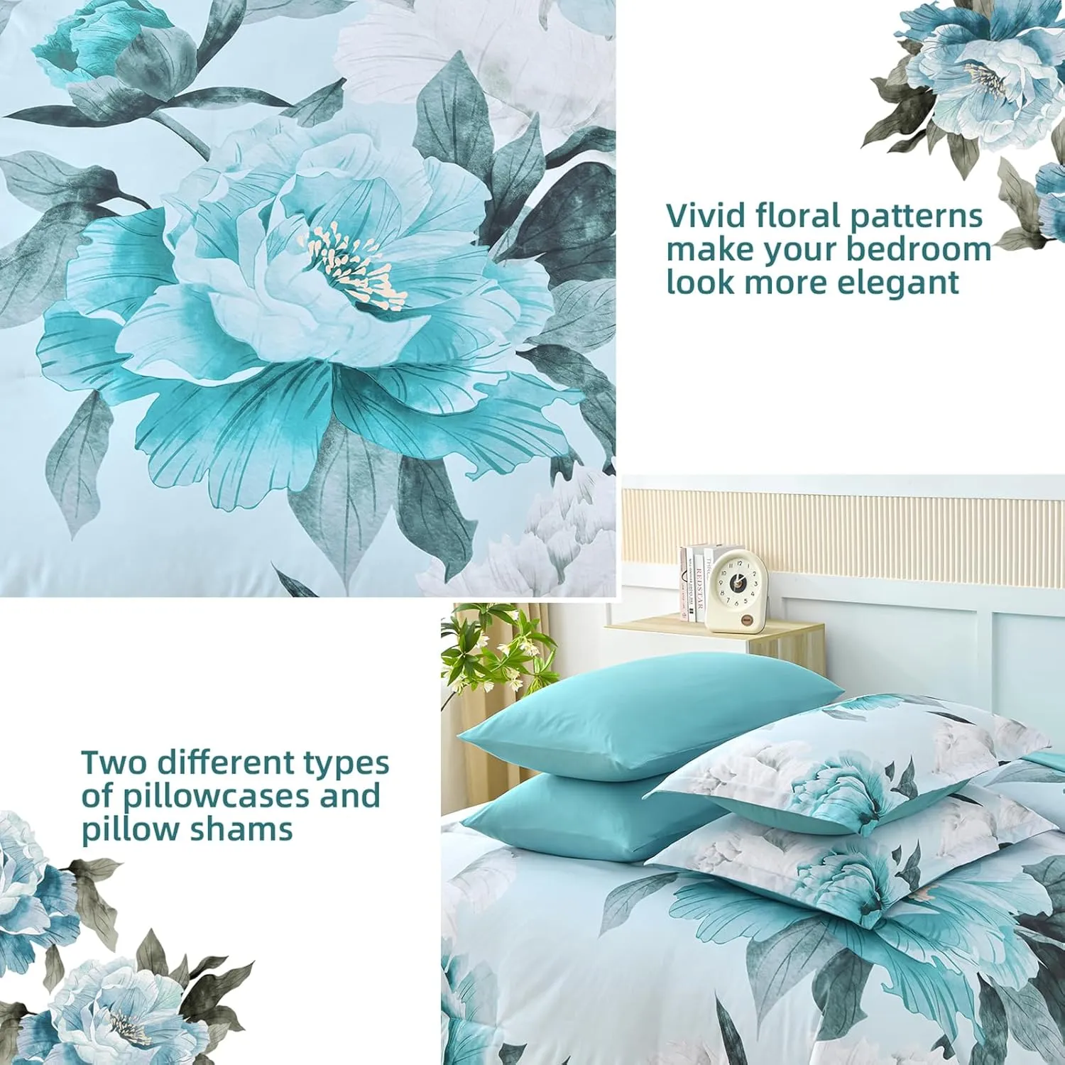 Dobuyly Floral Comforter Set Queen Size 7 Piece Bed in a Bag, Aqua Flowers Printed on Light Blue Comforter Set with Sheets, Soft Microfiber Botanical Complete Bedding Set for All Season