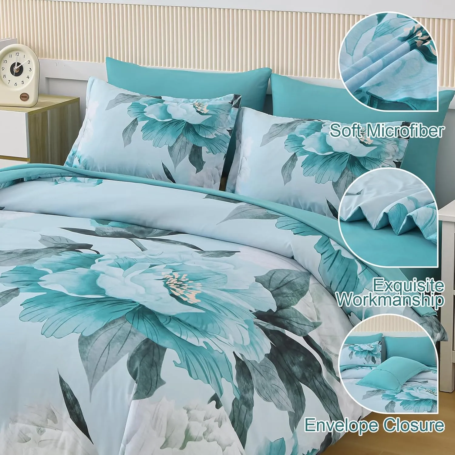 Dobuyly Floral Comforter Set Queen Size 7 Piece Bed in a Bag, Aqua Flowers Printed on Light Blue Comforter Set with Sheets, Soft Microfiber Botanical Complete Bedding Set for All Season