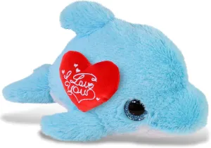DolliBu I Love You Valentine Plush Big Eye Blue Dolphin - Cute Stuffed Animal with Red Heart and Name Personalization Gift for Valentines Day, Birthday, Anniversary, Romantic Date - 8 Inches