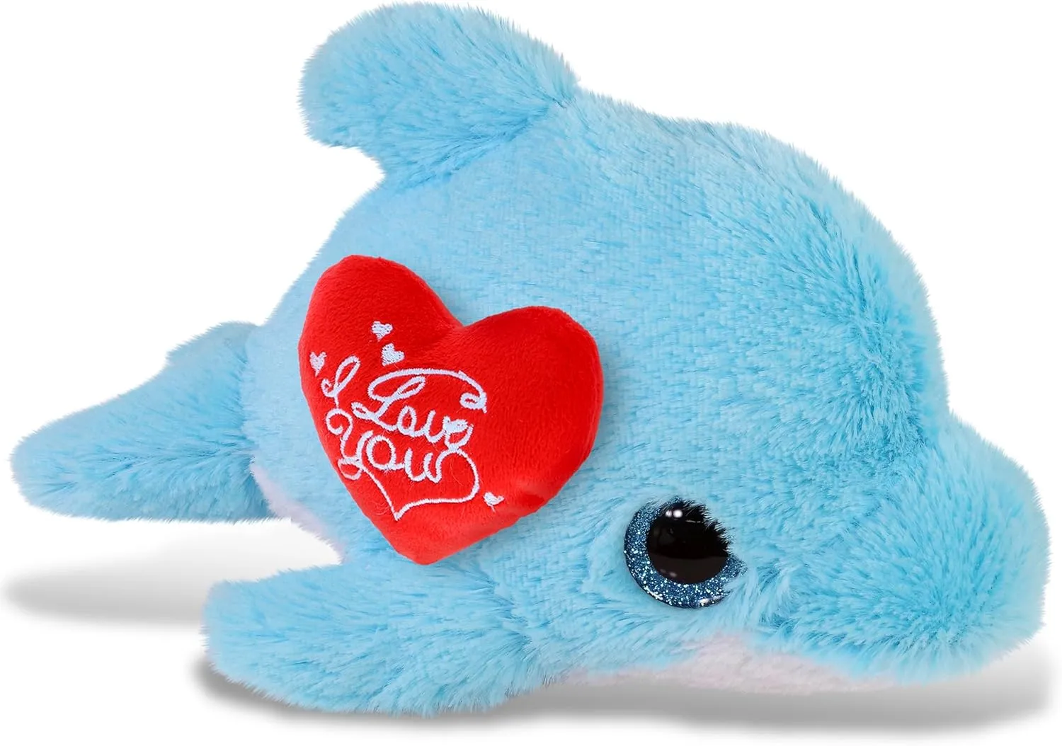 DolliBu I Love You Valentine Plush Big Eye Blue Dolphin - Cute Stuffed Animal with Red Heart and Name Personalization Gift for Valentines Day, Birthday, Anniversary, Romantic Date - 8 Inches