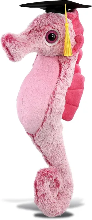 DolliBu Pink Seahorse Graduation Plush Toy - Super Soft Plush Graduation Stuffed Animal Dress Up Graduation Cap with Tassel Outfit - Gift with Personalization - 15 Inches