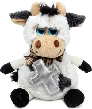 DolliBu Sitting Cow Stuffed Animal with Silver Cross Plush - Religious Baptism Gifts for Boys and Girls Dedication Christening Gifts Plush Prayer Toy Healing Stuffed Animal - 7 Inches