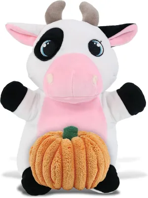 DolliBu Snug-Mooshies Standing Cow Stuffed Animal with Pumpkin and Name Personalization - Pumpkin Plush Animal for Fall, Halloween and Thanksgiving, Pumpkin Toy for Baby, Kids, Adults - 10 Inch