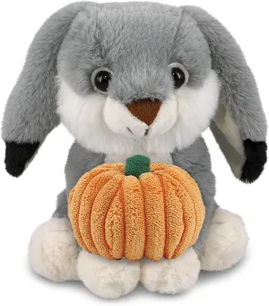 DolliBu Super Soft Gray Rabbit Stuffed Animal with Cute Pumpkin Decor – Cute Pumpkin Plush Rabbit Animal for Fall, Halloween and Thanksgiving, Pumpkin Toy for Baby, Kids, Adults – 7 Inches