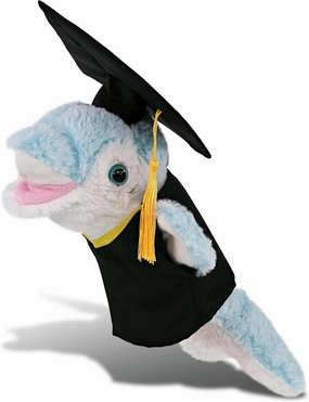 DolliBu Dolphin Graduation Plush Toy - Super Soft Plush Graduation Hand Puppet Animal Dress Up with Gown and Cap with Tassel Outfit - Congratulatory Graduation Gift with Personalization - 12 Inch