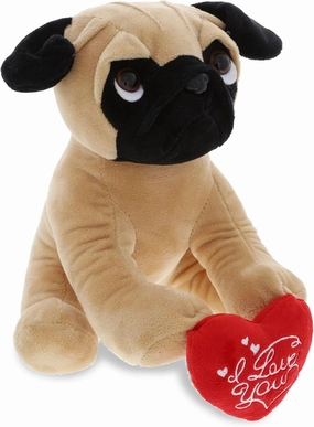 DolliBu I Love You Valentine Plush Pug Dog - Cute Stuffed Animal with Red Heart and Name Personalization Gift for Valentines Day, Birthday, Anniversary, Romantic Date - 10 Inches