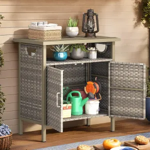 DWVO Patio Storage Cabinet, Outdoor Buffet Cabinet with Two Doors and Shelves, Outdoor Storage Table with PE Rattan for Patio, Backyard, Garden - Light Brown