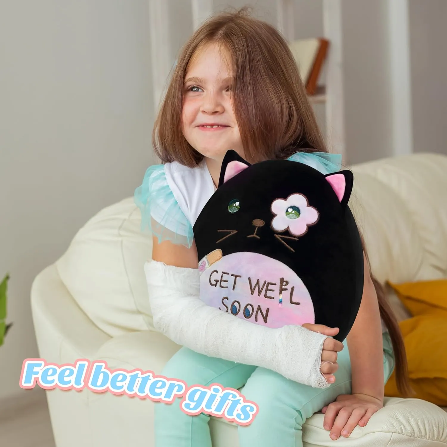 Easfan Get Well Soon Stuffed Cat Plush Pillow, Cozy Black Kitty Snuggle Soft Toy with Rainbow Belly, Gifts or Patients Girls Boys Women Men After Surgery, 12"