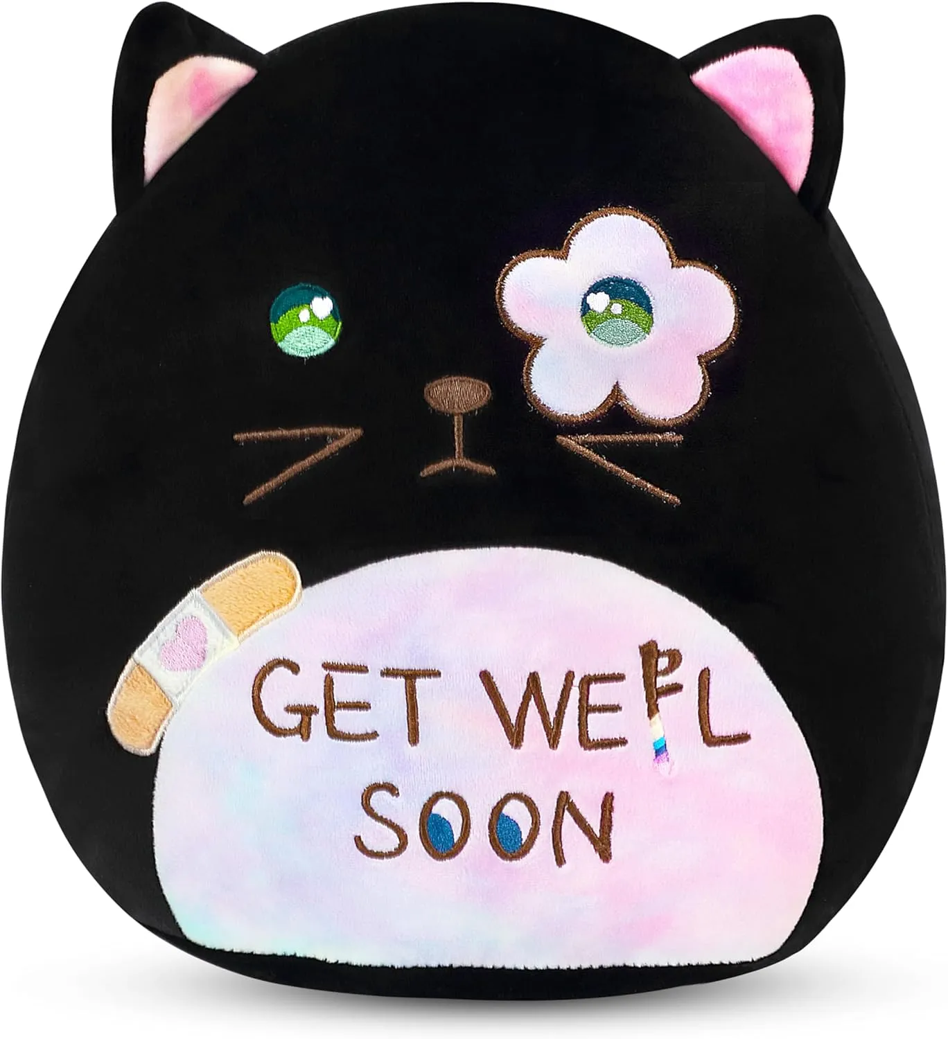 Easfan Get Well Soon Stuffed Cat Plush Pillow, Cozy Black Kitty Snuggle Soft Toy with Rainbow Belly, Gifts or Patients Girls Boys Women Men After Surgery, 12"