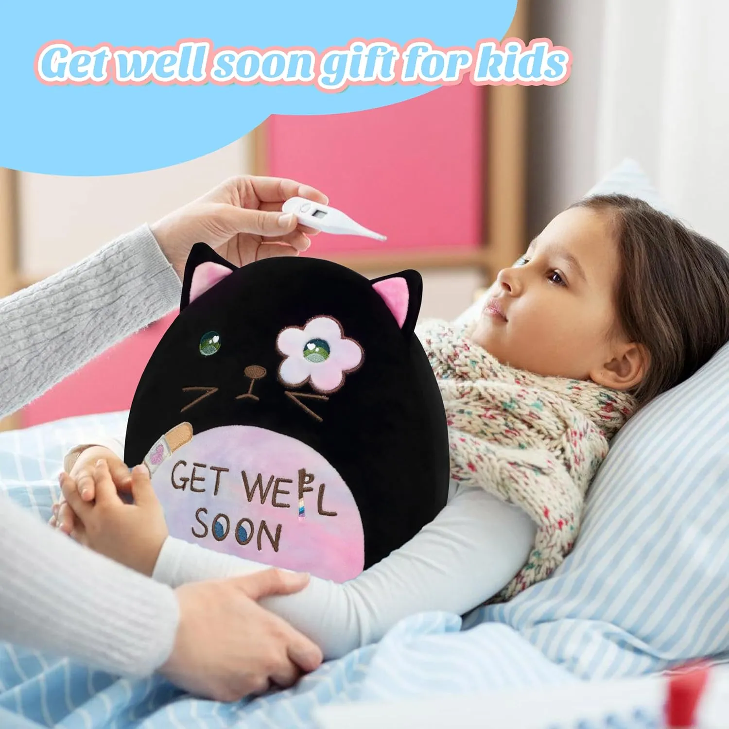 Easfan Get Well Soon Stuffed Cat Plush Pillow, Cozy Black Kitty Snuggle Soft Toy with Rainbow Belly, Gifts or Patients Girls Boys Women Men After Surgery, 12"