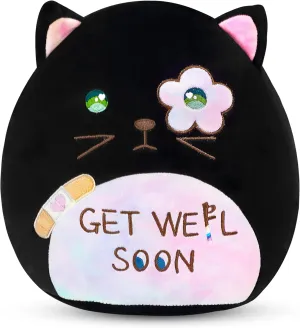 Easfan Get Well Soon Stuffed Cat Plush Pillow, Cozy Black Kitty Snuggle Soft Toy with Rainbow Belly, Gifts or Patients Girls Boys Women Men After Surgery, 12"